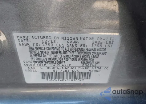 2016 Nissan Versa 1.6 S/1.6 S+/1.6 Sl/1.6 Sv z USA, uszkodzony, nr VIN 3N1CN7APXGL850947